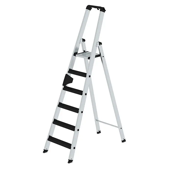 Munk Stehleiter Stehleiter mit relax-step 6 Stufen - Anzahl Tritte: 6 Stk., Arbeitshöhe: 3.400 m, Aluminium - Silberne Aluminium-Klappleiter mit schwarzen rutschfesten Stufen, Haltegriff und Ablage.