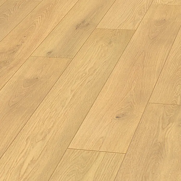 Krono Original Laminatmuster Atlantic 12 Honey Ethereal Oak - 297 x 195 x 12 mm, Landhausdiele, Honey Ethereal Oak - Heller Holzboden mit natürlicher Maserung. Diagonal verlegte Dielen.