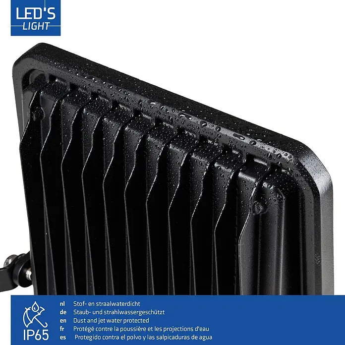 LED's work LED-Außenwandleuchte - 100 W, 4,7 x 24,1 x 26,6 cm, Schwarz, IP65 - Schwarzer LED-Strahler mit Wassertropfen, IP65 staub- und strahlwassergeschützt.