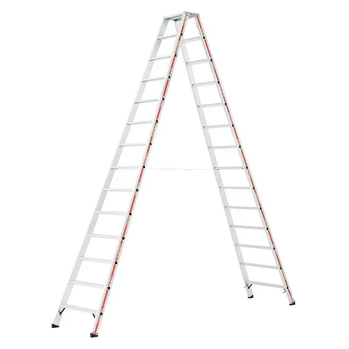 Hymer Stehleiter Stufenstehleiter mit Alu-Druckguss Gelenk 2x16 Stufen - Anzahl Tritte: 16 Stk., Arbeitshöhe: 5.220 m, Aluminium - Aluminium-Stehleiter mit roten Sicherheitsmarkierungen.