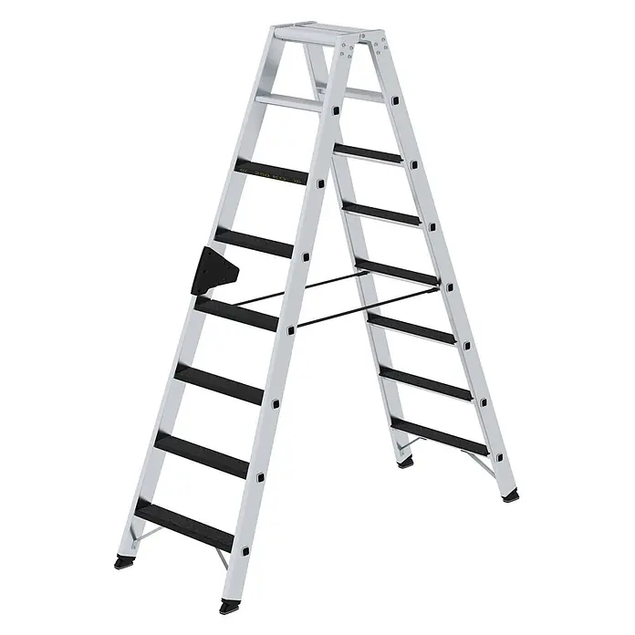 Munk Stehleiter Stehleiter beidseitig begehbar mit clip-step R13 250kg 8 Stufen - Anzahl Tritte: 8 Stk., Arbeitshöhe: 3.400 m, Aluminium - Silberne Aluminium-Doppelstehleiter mit schwarzen Anti-Rutsch-Stufen und Stabilisierungsstangen.