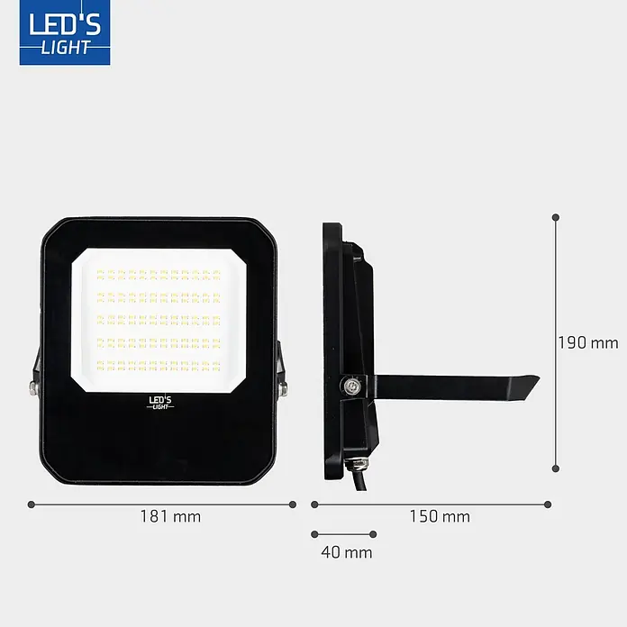 LED's work LED-Außenwandleuchte - 50 W, 3,7 x 17,9 x 19,9 cm, Schwarz, IP65 - Schwarzer LED-Fluter mit Abmessungen 181x190x40 mm, von vorne und Seite gezeigt.