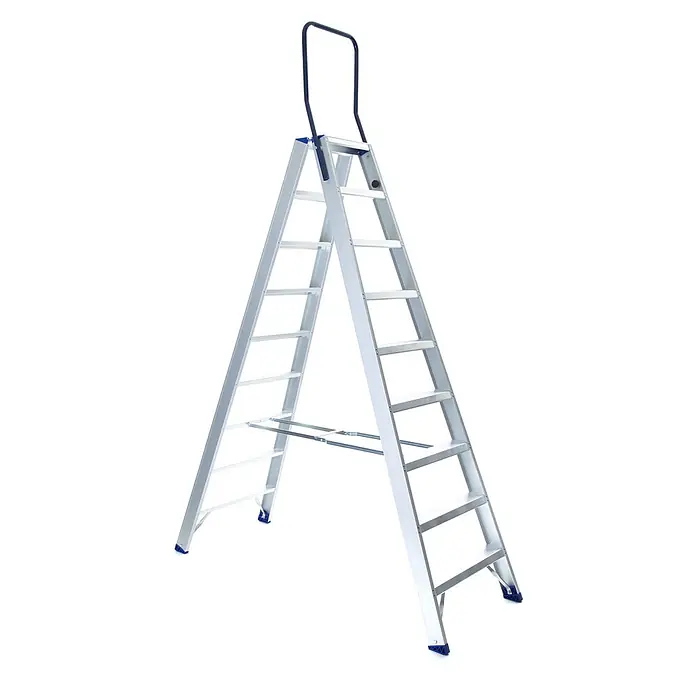 ASC Stehleiter Eurostairs Stufenstehleiter zweiseitig eloxiert mit Bügel 9 Stufen - Anzahl Tritte: 9 Stk., Arbeitshöhe: 4.050 m, Aluminium - Silberne Aluminium-Stehleiter mit blauem Haltegriff und Füßen.