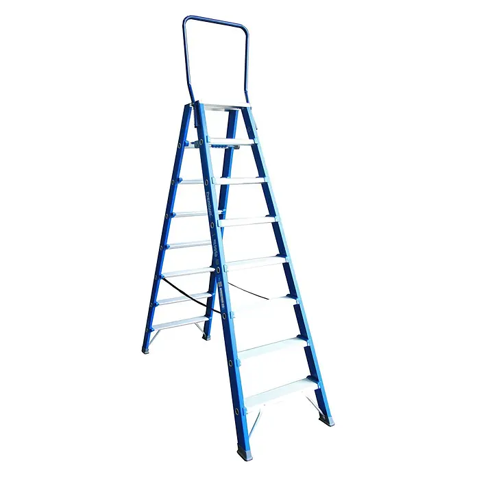 ASC Stehleiter Premium- Stufenstehleiter DT-8 2x8 Stufen mit 4,02m Arbeitshöhe - Anzahl Tritte: 8 Stk., Arbeitshöhe: 4.020 m, Aluminium - Blaue Aluminium-Stehleiter mit Sicherheitsbügel und silbernen, rutschfesten Stufen.