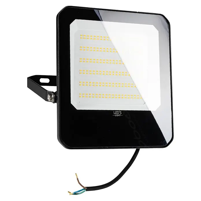 LED's work LED-Außenwandleuchte - 100 W, 4,7 x 24,1 x 26,6 cm, Schwarz, IP65 - Schwarzer LED-Fluter mit vielen gelben LEDs, einer integrierten Halterung und einem Stromkabel mit offenen Enden.