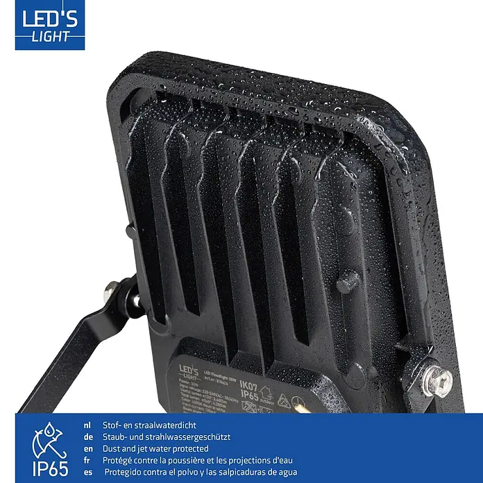 LED's work LED-Außenwandleuchte - 30 W, 3,7 x 15,4 x 17,5 cm, Schwarz, IP65 - Schwarzer LED-Fluter, IP65-zertifiziert, mit sichtbaren Wassertropfen auf dem robusten Gehäuse, die den Staub- und Strahlwasserschutz hervorheben.