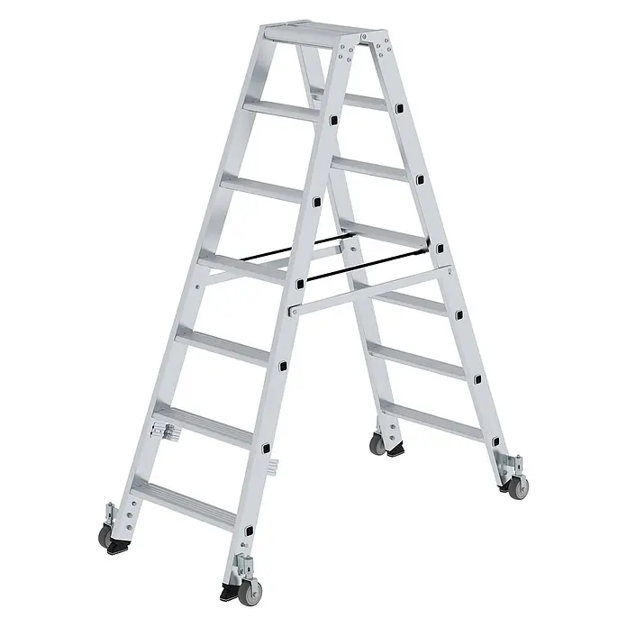 Munk Stehleiter Stehleiter beidseitig begehbar mit Rollen 2x7 Stufen - Anzahl Tritte: 7 Stk., Arbeitshöhe: 3.250 m, Aluminium - Silberne Aluminium-Klappleiter mit Rollen für leichte Mobilität.