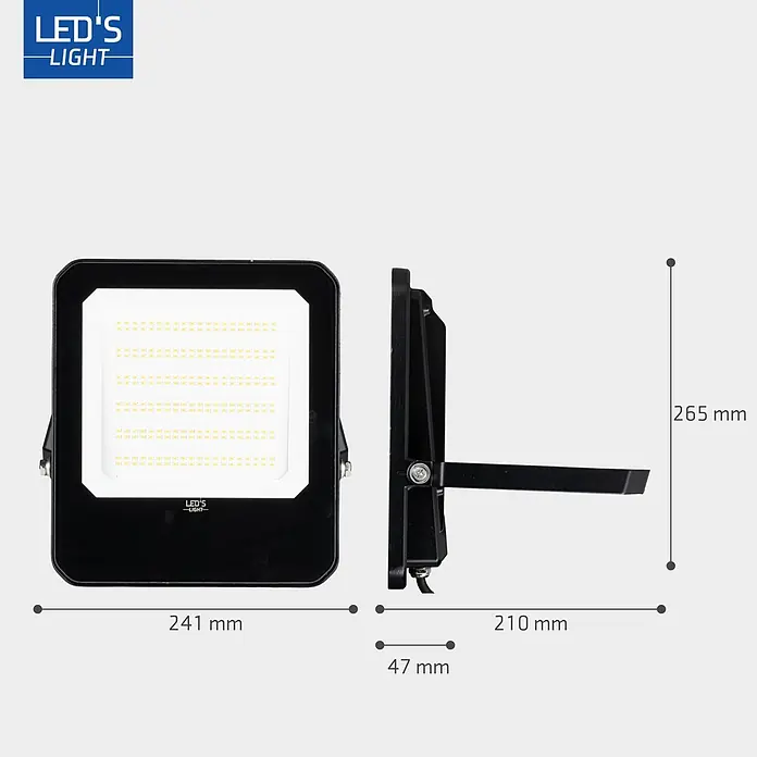 LED's work LED-Außenwandleuchte - 100 W, 4,7 x 24,1 x 26,6 cm, Schwarz, IP65 - Schwarzer rechteckiger LED-Flutlichtstrahler mit Abmessungen: 241x265x47mm (Tiefe 210mm mit Halterung).