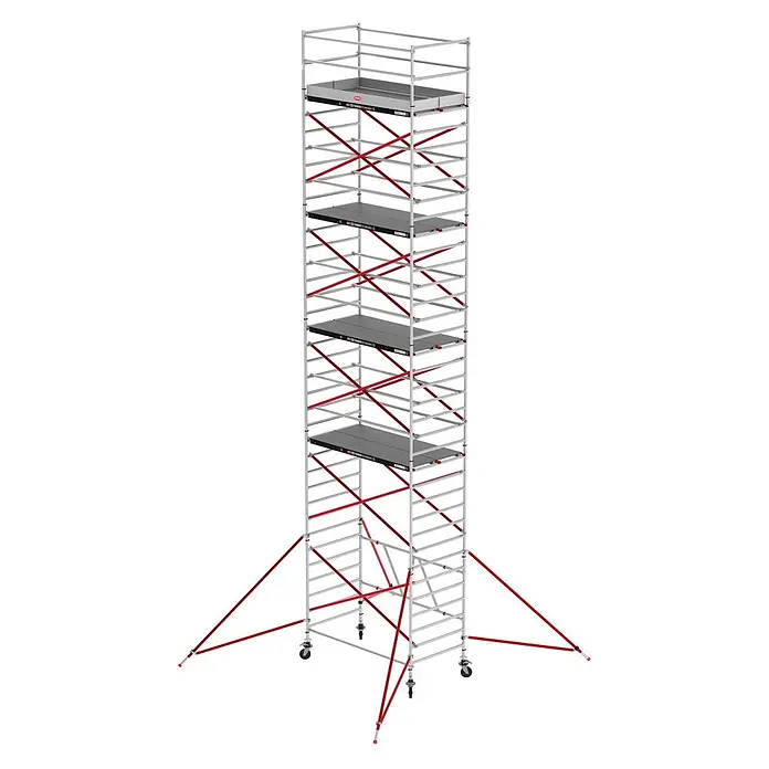 Altrex Rollgerüst RS Tower 55 ohne Safe-Quick® 11,8m Arbeitshöhe Fiber-Deck 1,85m - Arbeitshöhe: 11.800 m - Hohes, mobiles Gerüst aus silbernem Aluminium mit roten Diagonalstreben und Auslegern, mit mehreren Arbeitsplattformen.