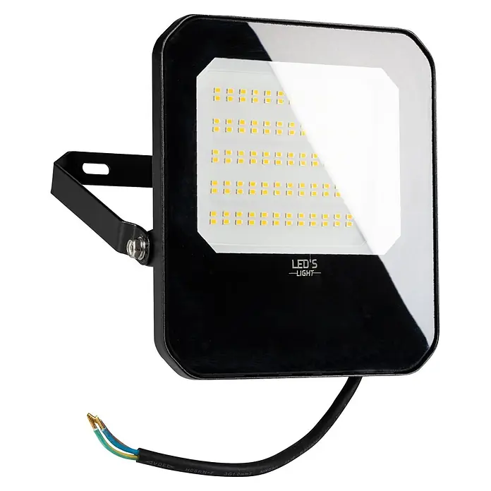 LED's work LED-Außenwandleuchte - 50 W, 3,7 x 17,9 x 19,9 cm, Schwarz, IP65 - Schwarzer LED-Fluter mit hellen gelben LEDs, Montagehalterung und offenem Stromkabel.