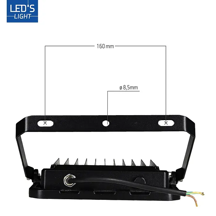 LED's work LED-Außenwandleuchte - 100 W, 4,7 x 24,1 x 26,6 cm, Schwarz, IP65 - Schwarzer LED-Flutlichtstrahler, Rückansicht mit 160 mm Montagehalterung, 8,5 mm Löchern und Stromkabel.