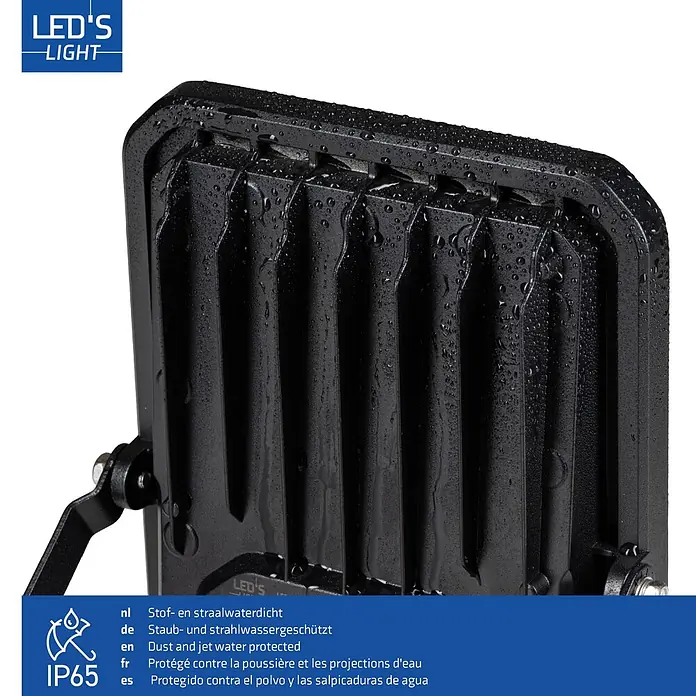 LED's work LED-Außenwandleuchte - 50 W, 3,7 x 17,9 x 19,9 cm, Schwarz, IP65 - Schwarzer LED-Strahler mit Wassertropfen, der seinen Staub- und Strahlwasserschutz (IP65) zeigt.