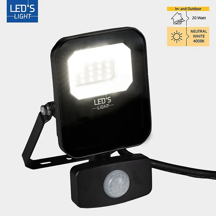 LED's work LED-Sensor-Außenwandleuchte - 20 W, L x B x H: 5,3 x 12 x 19,1 cm, Schwarz, Neutralweiß - Schwarzer LED-Flutlichtstrahler mit integriertem Bewegungssensor, neutralweißes 4000K Licht, für Innen- und Außenbereiche.