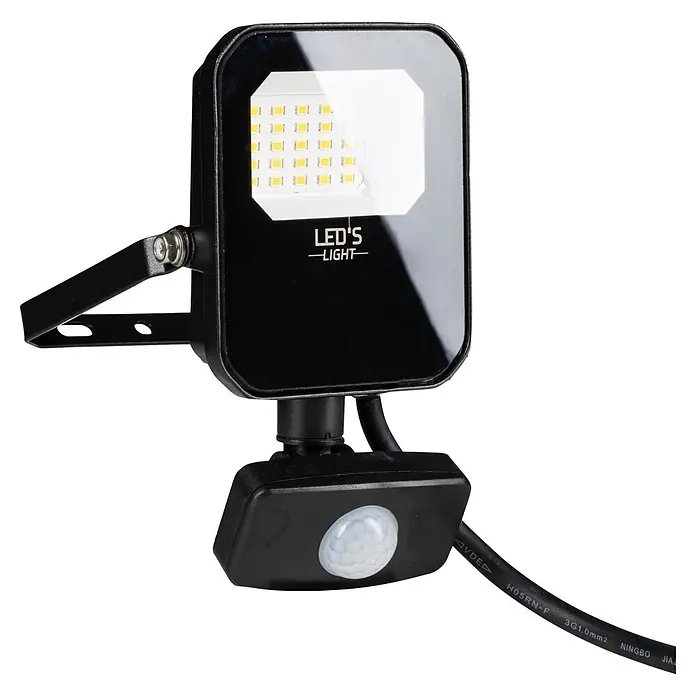 LED's work LED-Sensor-Außenwandleuchte - 20 W, L x B x H: 5,3 x 12 x 19,1 cm, Schwarz, Neutralweiß - Schwarzer LED-Flutlichtstrahler mit Montagehalterung und integriertem Bewegungssensor, sichtbare LEDs und Netzkabel.