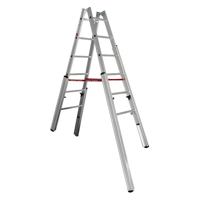 Euroline Stehleiter Premium 30576 Treppenstehleiter 2x6 Sprossen - Anzahl Tritte: 6 Stk., Arbeitshöhe: 3.050 m, Aluminium - Silberfarbene Aluminium-Mehrzweckleiter in A-Form, mit roten Sicherheitsgurten.