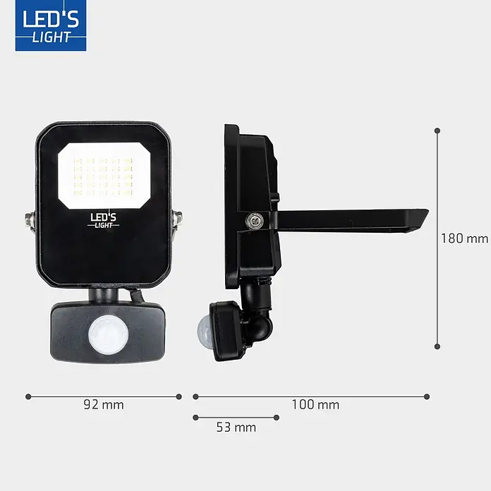 LED's work LED-Sensor-Außenwandleuchte - 20 W, L x B x H: 5,3 x 12 x 19,1 cm, Schwarz, Neutralweiß - Schwarzer LED-Fluter mit Bewegungsmelder. Maße: 180x92x100mm, 53mm Sensor.
