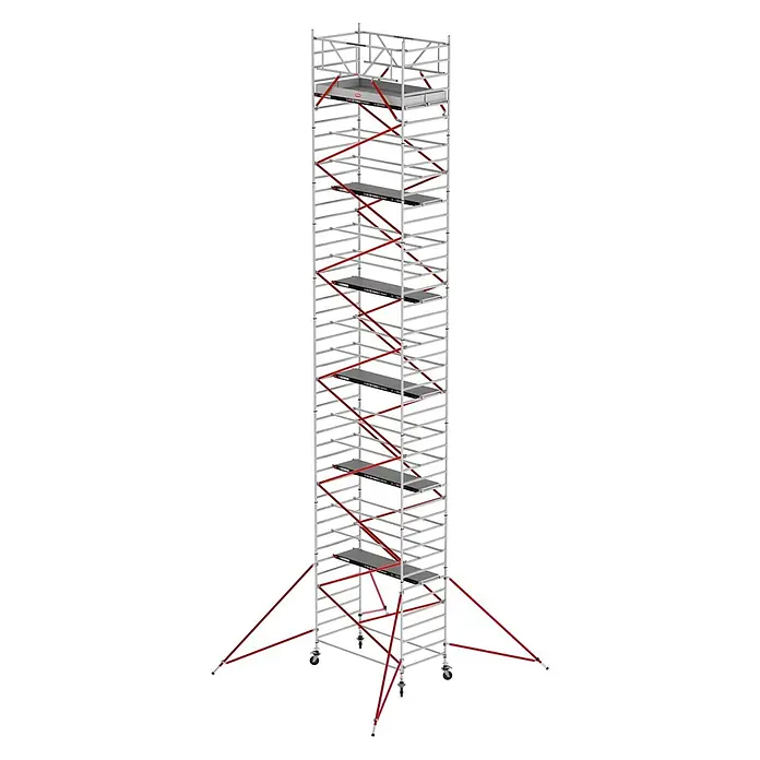 Altrex Rollgerüst Fahrgerüst RS Tower 52 Aluminium mit Holz-Plattform 14,20m AH 1,35x3,05m - Arbeitshöhe: 14.200 m - Hoher, modularer Aluminium-Fahrgerüstturm mit mehreren Plattformen, roten Diagonalstreben und ausziehbaren Auslegern auf Rollen.