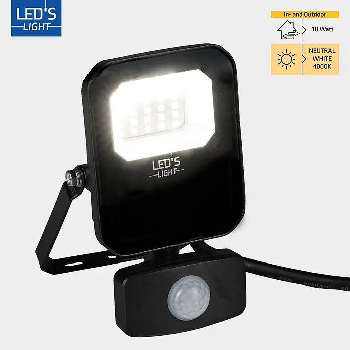 LED's work LED-Sensor-Außenwandleuchte - 10 W, L x B x H: 5,2 x 9,2 x 15,8 cm, Schwarz, Neutralweiß - Schwarzer LED-Strahler mit Bewegungssensor, 10 Watt, neutralweißes 4000K Licht für Innen- und Außenbereiche.