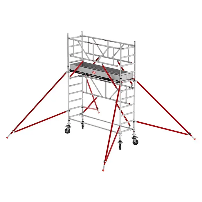 Altrex Rollgerüst Fahrgerüst RS Tower 51-S Safe-Quick Aluminium mit Fiber-Deck Plattform 4,2 - Arbeitshöhe: 4.200 m - Silberfarbenes Aluminium-Rollgerüst mit roten Stabilisatoren und Diagonalstreben, inkl. schwarzer/grauer Arbeitsplattform.