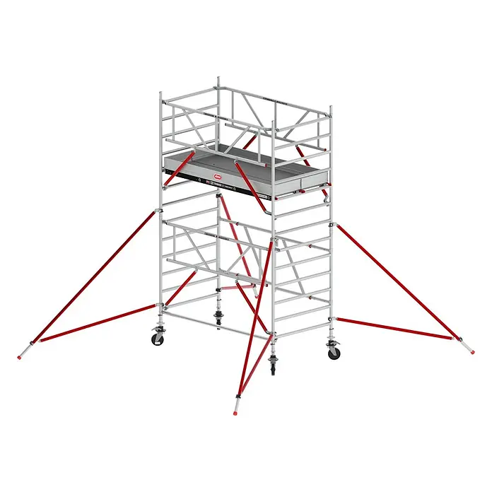 Altrex Rollgerüst RS Tower 55-S mit Safe-Quick® 4,8m Arbeitshöhe Holz-Plattform 1,85m - Arbeitshöhe: 4.800 m - Silbernes Aluminium-Rollgerüst mit roten Stützstreben, Rollen und einer Arbeitsplattform mit Geländer.