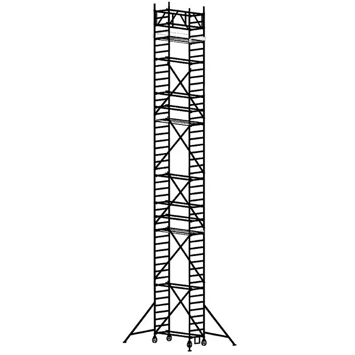 Euroline Rollgerüst 9511 Gerüst mit Fahrbalken verschiebbar/Auslegern 13,35m - Arbeitshöhe: 13.350 m - Hoher, mobiler Gerüstturm aus dunklem Metall mit Plattformen und Kreuzstreben.