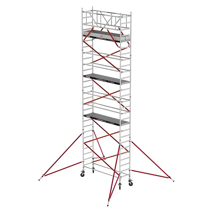 Altrex Rollgerüst Fahrgerüst RS Tower 51 Aluminium mit Holz-Plattform 9,20m AH schmal 0,75x3 - Arbeitshöhe: 9.200 m - Hoher mobiler Aluminium-Gerüstturm mit schwarzen Plattformen, roten Diagonalstreben und stabilisierenden Auslegern mit Rädern.