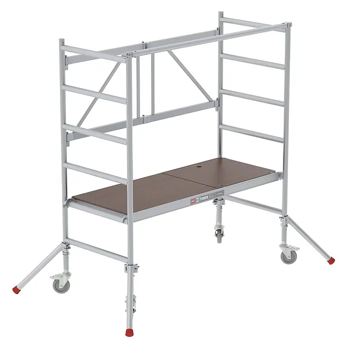 Altrex Rollgerüst Klappgerüst RS Tower 34 Aluminium 0,75x1,65m schmal 3m Arbeitshöhe - Arbeitshöhe: 3.000 m - Mobiles Aluminium-Rollgerüst mit brauner Arbeitsplattform und Auslegern.