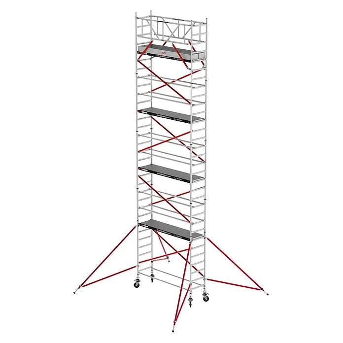Altrex Rollgerüst Fahrgerüst RS Tower 51 Aluminium mit Fiber-Deck Plattform 10,20m AH schmal - Arbeitshöhe: 10.200 m - Hoher, silberner Aluminium-Fahrgerüstturm mit schwarzen Plattformen und roten Diagonalstreben, gestützt von roten Auslegern.