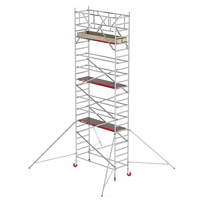Altrex Rollgerüst Fahrgerüst RS Tower 41 PLUS Aluminium ohne Safe-Quick® mit Holz-Plattform - Arbeitshöhe: 8.200 m - Mobiles Aluminium-Rollgerüst mit mehreren Plattformen, roten Details und Auslegern für Stabilität. Mit Rollen für einfache Bewegung.