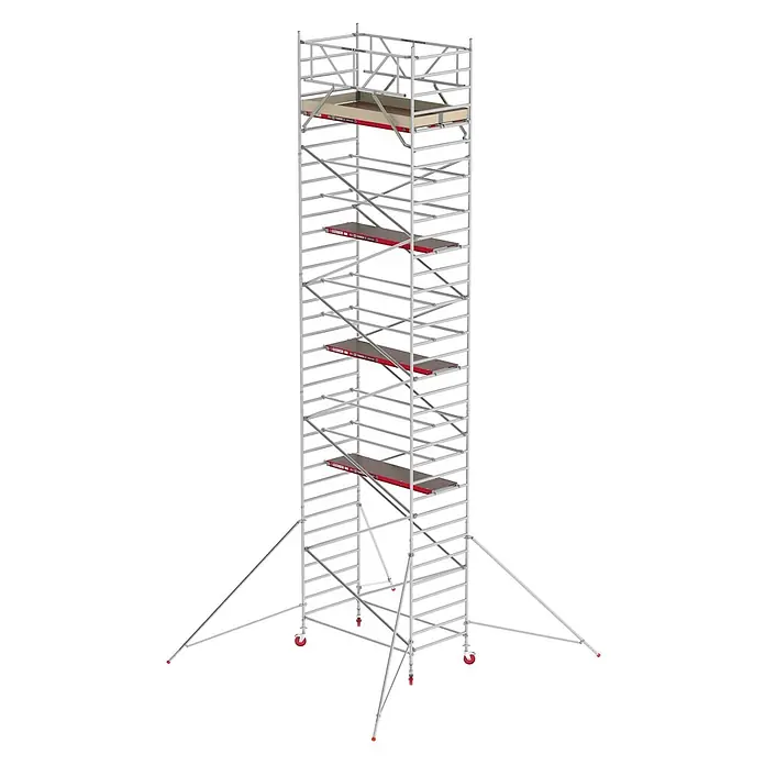 Altrex Rollgerüst Fahrgerüst RS Tower 42 Aluminium mit Holz-Plattform 10,20m AH 1,35x1,85m - Arbeitshöhe: 10.200 m - Hoher, mobiler Aluminium-Gerüstturm mit mehreren Holzplattformen, roten Akzenten, Auslegern und Rädern.