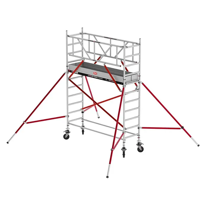 Altrex Rollgerüst Fahrgerüst RS Tower 51 Aluminium mit Holz-Plattform 4,20m AH schmal 0,75x1 - Arbeitshöhe: 4.200 m - Mobiles Aluminium-Rollgerüst in Silber mit roten Stützstreben und Rollen, für sicheres Arbeiten in der Höhe.