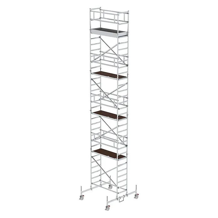 Munk Rollgerüst Rollgerüst mit Fahrbalken 0,75x1,80m Plattform 10,45m AH - Arbeitshöhe: 10.450 m - Mobiler Aluminium-Gerüstturm mit mehreren Plattformen und Rädern.