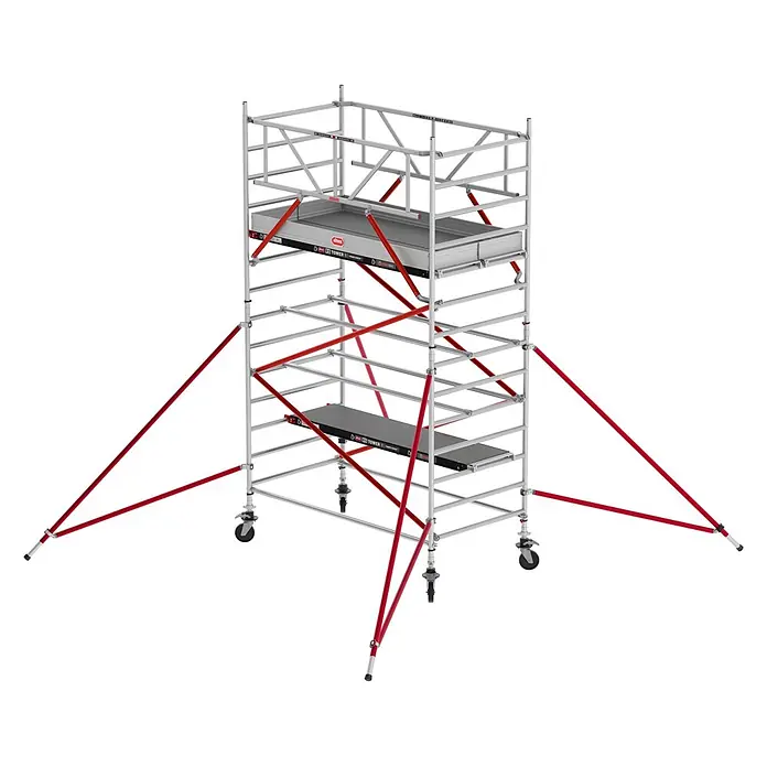 Altrex Rollgerüst Fahrgerüst RS Tower 52 Aluminium mit Holz-Plattform 5,20m AH 1,35x2,45m - Arbeitshöhe: 5.200 m - Mobiles Aluminium-Rollgerüst mit roten Diagonalstreben, Auslegern und grauen Plattformen auf Rollen.