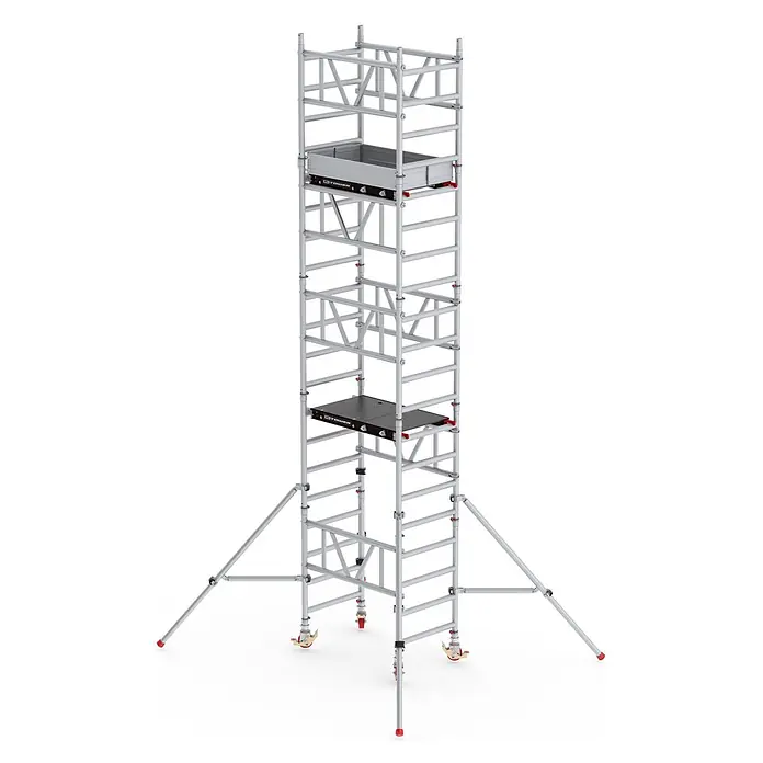 Altrex Rollgerüst MiTower 1-Personen-Gerüst Aluminium mit Fiber-Deck Plattform 0,75x1,27m 6, - Arbeitshöhe: 6.200 m - Hohes, silbernes Aluminium-Rollgerüst mit zwei Arbeitsplattformen, Rollen und Auslegern für Stabilität.