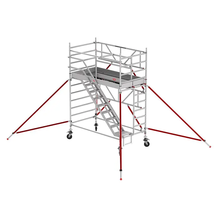Altrex Rollgerüst Treppengerüst RS Tower 53-S Aluminium Safe-Quick mit Fiber-Deck Plattform - Arbeitshöhe: 4.200 m - Mobiles Aluminium-Gerüst mit Treppe, Plattform und roten Auslegern.
