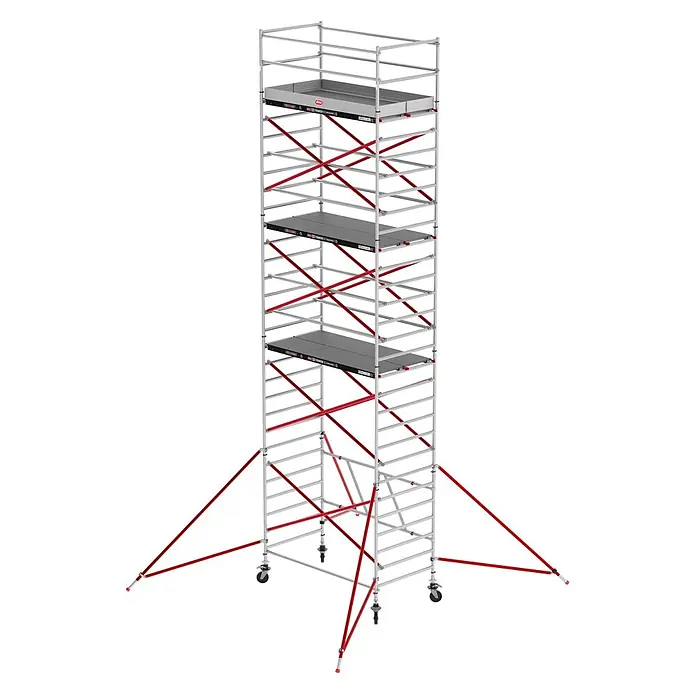 Altrex Rollgerüst RS Tower 55 ohne Safe-Quick® 9,8m Arbeitshöhe Fiber-Deck 1,85m - Arbeitshöhe: 9.800 m - Mehrstufiges Rollgerüst mit silbernem Rahmen, roten Diagonalstreben, schwarzen Plattformen, Rädern und roten Auslegern.