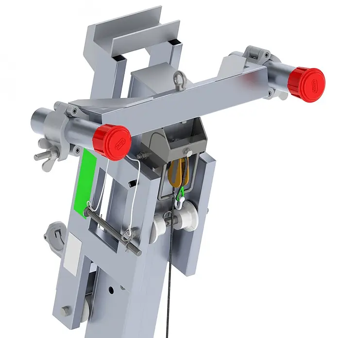 Altrex Rollgerüst Modulare Dreiecksbühne Euro 3-5 mit Handwinde MTB 6m lang -  - Modulare hellgraue Metall-Hebevorrichtung mit roten Endkappen, integriertem Rollensystem und vielseitigen Befestigungsoptionen.