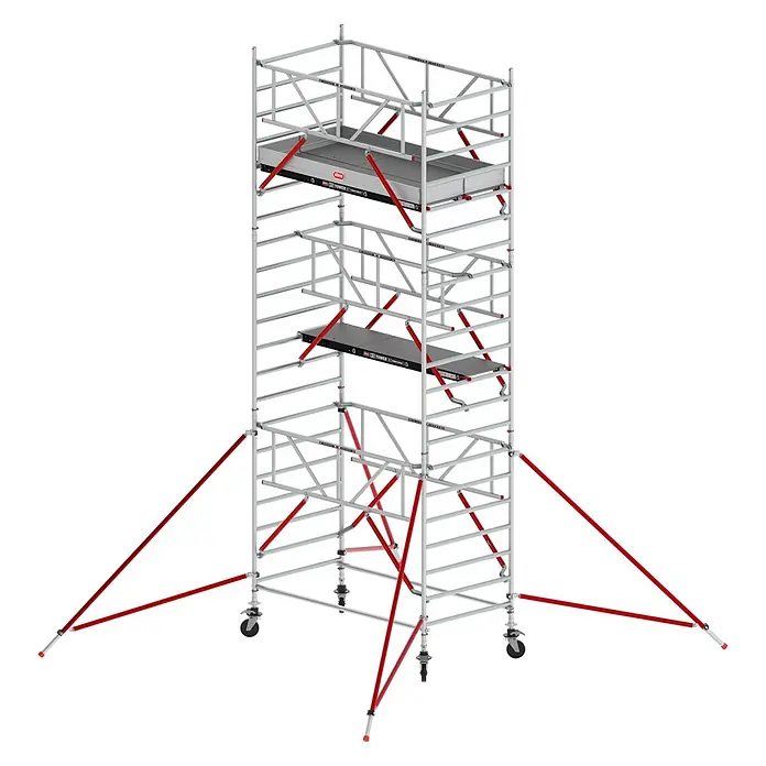 Altrex Rollgerüst Fahrgerüst RS Tower 52-S Aluminium mit Safe-Quick und Fiber-Deck Plattform - Arbeitshöhe: 7.200 m - Mobiles Aluminium-Rollgerüst mit grauen Plattformen und roten Stabilitätsstreben.