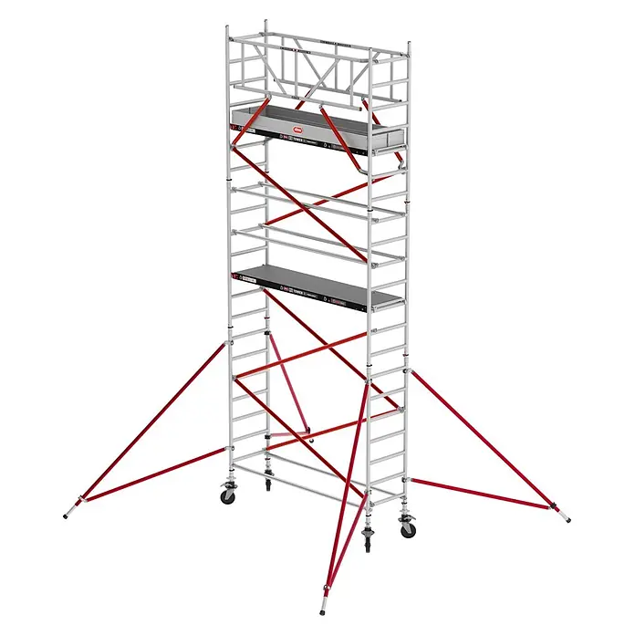 Altrex Rollgerüst Fahrgerüst RS Tower 51 Aluminium mit Holz-Plattform 7,20m AH schmal 0,75x3 - Arbeitshöhe: 7.200 m - Ein hohes, silbergraues Aluminium-Rollgerüst mit roten Diagonalstreben, zwei schwarzen Plattformen, Geländern, Auslegern und Lenkrollen.