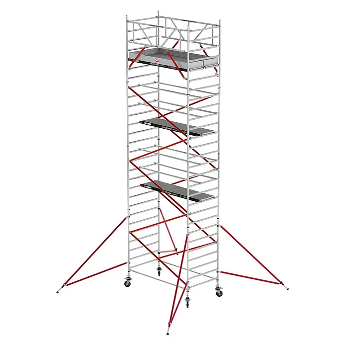 Altrex Rollgerüst Fahrgerüst RS Tower 52 Aluminium mit Fiber-Deck Plattform 9,20m AH 1,35x2, - Arbeitshöhe: 9.200 m - Hoher, silberner Aluminium-Rollgerüstturm mit roten Diagonalstreben und Auslegern, mit mehreren Plattformen und Lenkrollen.