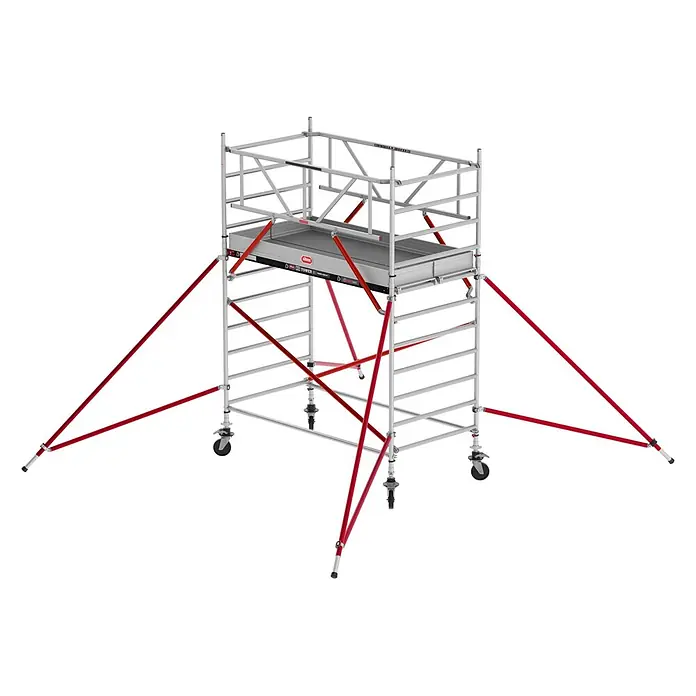 Altrex Rollgerüst Fahrgerüst RS Tower 52 Aluminium mit Holz-Plattform 4,20m AH schmal 1,35x3 - Arbeitshöhe: 4.200 m - Mobiles Aluminium-Fahrgerüst mit roten Diagonalstreben und Sicherheitsgeländern.