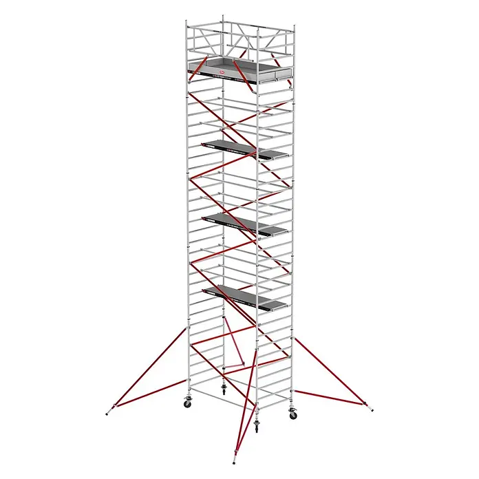 Altrex Rollgerüst Fahrgerüst RS Tower 52 Aluminium mit Holz-Plattform 12,20m AH 1,35x2,45m - Arbeitshöhe: 12.200 m - Hoher, mehrstufiger Aluminium-Rollgerüstturm mit roten Streben, grauen Plattformen und Rädern.