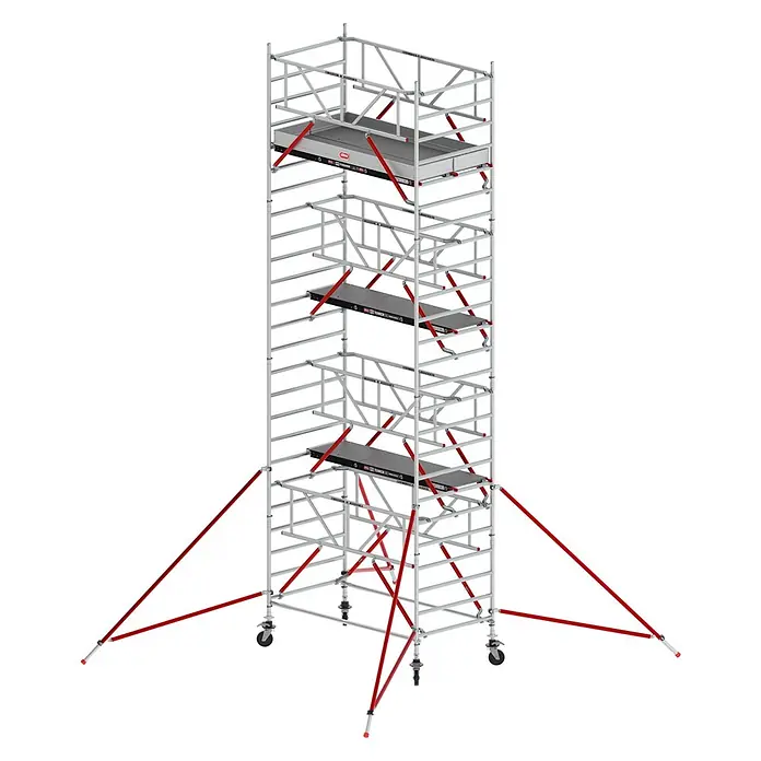 Altrex Rollgerüst Fahrgerüst RS Tower 52-S Aluminium mit Safe-Quick und Fiber-Deck Plattform - Arbeitshöhe: 8.200 m - Hoher, silberner Aluminium-Fahrgerüstturm mit roten Diagonalstreben und mehreren schwarzen Plattformen, ausgestattet mit Rädern und roten Auslegern.