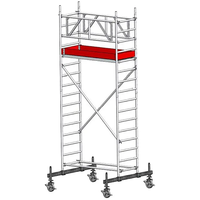 Euroline Rollgerüst 9512 Fahrgerüst mit Fahrbalken starr Normalaufbau 5,30m AH - Arbeitshöhe: 5.300 m - Mobiles Gerüstturm aus silber-grauem Metall mit roter Plattform und Rollen.