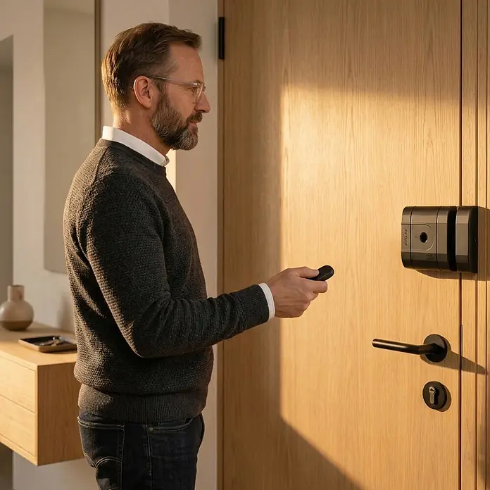 AYR Cerradura electrónica Lock RF - Negro, RFID - Hombre usa mando negro para operar una elegante cerradura inteligente gris oscuro en una puerta de madera clara.