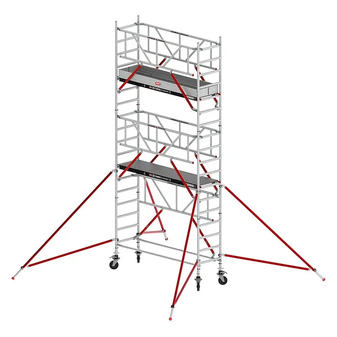 Altrex Rollgerüst Fahrgerüst RS Tower 51-S Safe-Quick Aluminium mit Fiber-Deck Plattform 6,2 - Arbeitshöhe: 6.200 m - Mobiles Gerüst aus silbernem Aluminium mit zwei Plattformen, roten Querstreben und Auslegern, auf Rollen.