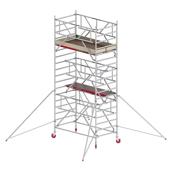 Altrex Rollgerüst Fahrgerüst RS Tower 42-S Aluminium Safe-Quick mit Holz-Plattform 6,20m AH - Arbeitshöhe: 6.200 m - Silbernes Aluminium-Rollgerüst mit roten Rollen und Holzplattformen, ausgestattet mit Geländern und Auslegern zur Stabilisierung.