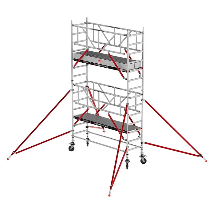 Altrex Rollgerüst Fahrgerüst RS Tower 51-S Safe-Quick Aluminium mit Holz-Plattform 5,20m AH - Arbeitshöhe: 5.200 m - Silbernes Aluminium-Rollgerüst mit roten Diagonalstreben und grauen Plattformen auf Rollen.