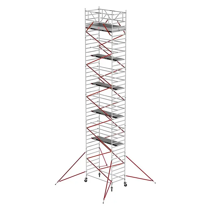 Altrex Rollgerüst Fahrgerüst RS Tower 52 Aluminium mit Fiber-Deck Plattform 13,20m AH 1,35x2 - Arbeitshöhe: 13.200 m - Hoher, mobiler Aluminium-Rollrüstungsturm mit mehreren Plattformen, roten Diagonalstreben und roten Auslegern zur Stabilität.