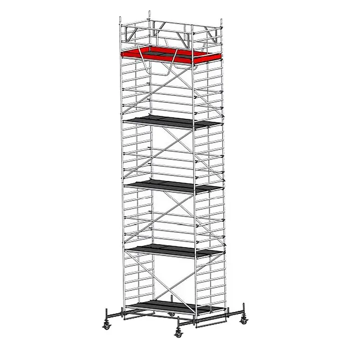 Euroline Rollgerüst Gerüst 9514 mit Sicherheitsaufbau 1,50x2,85m Fahrbalken verschiebbar 10,50 - Arbeitshöhe: 10.500 m - Mobiler Aluminium-Gerüstturm mit mehreren dunklen Arbeitsplattformen und einer roten oberen Plattform.